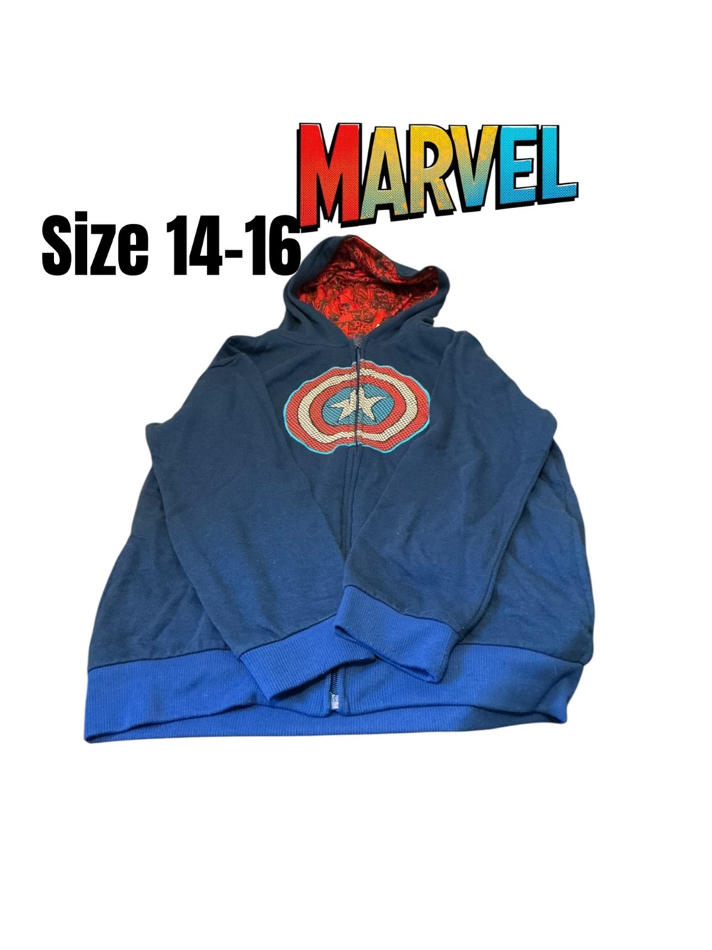 Marvel Boys Blue Captain America Zip Hoodie with Red Lined Hood